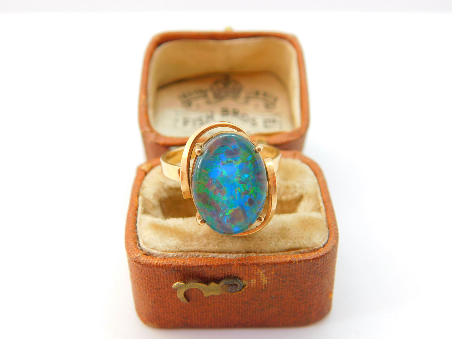 9ct Yellow Gold Large Cabochon Doublet Opal Statement Ring c1940 Antique