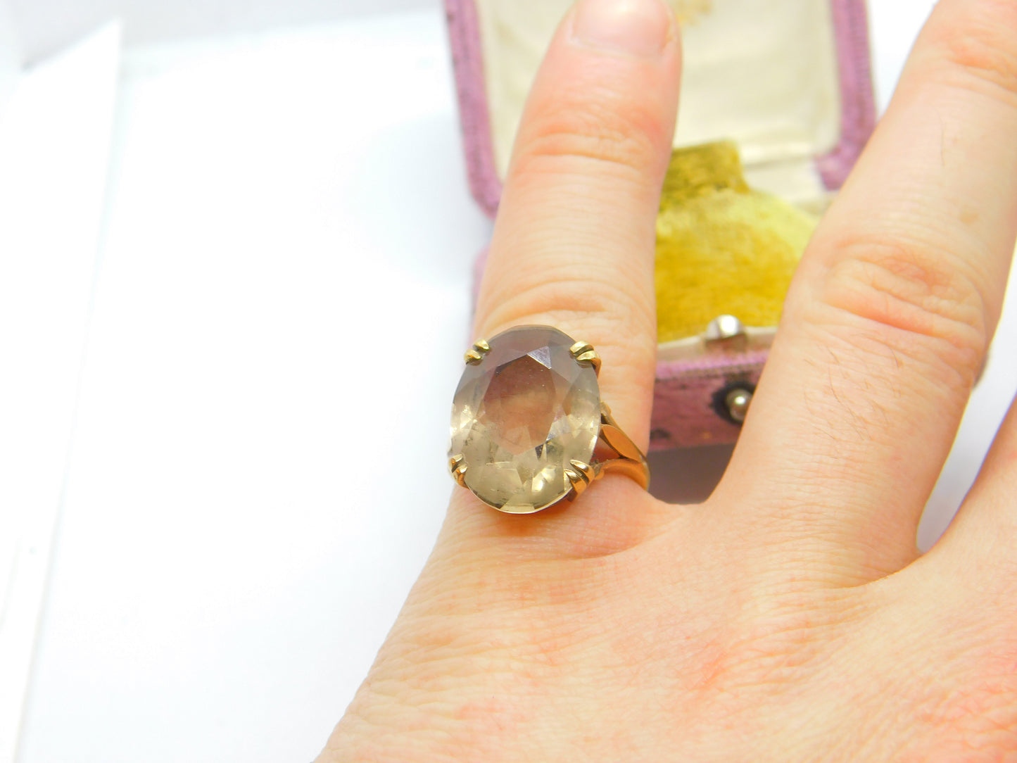 9ct Yellow Gold Faceted Smoky Quartz Signet Ring Antique c1930 Art Deco