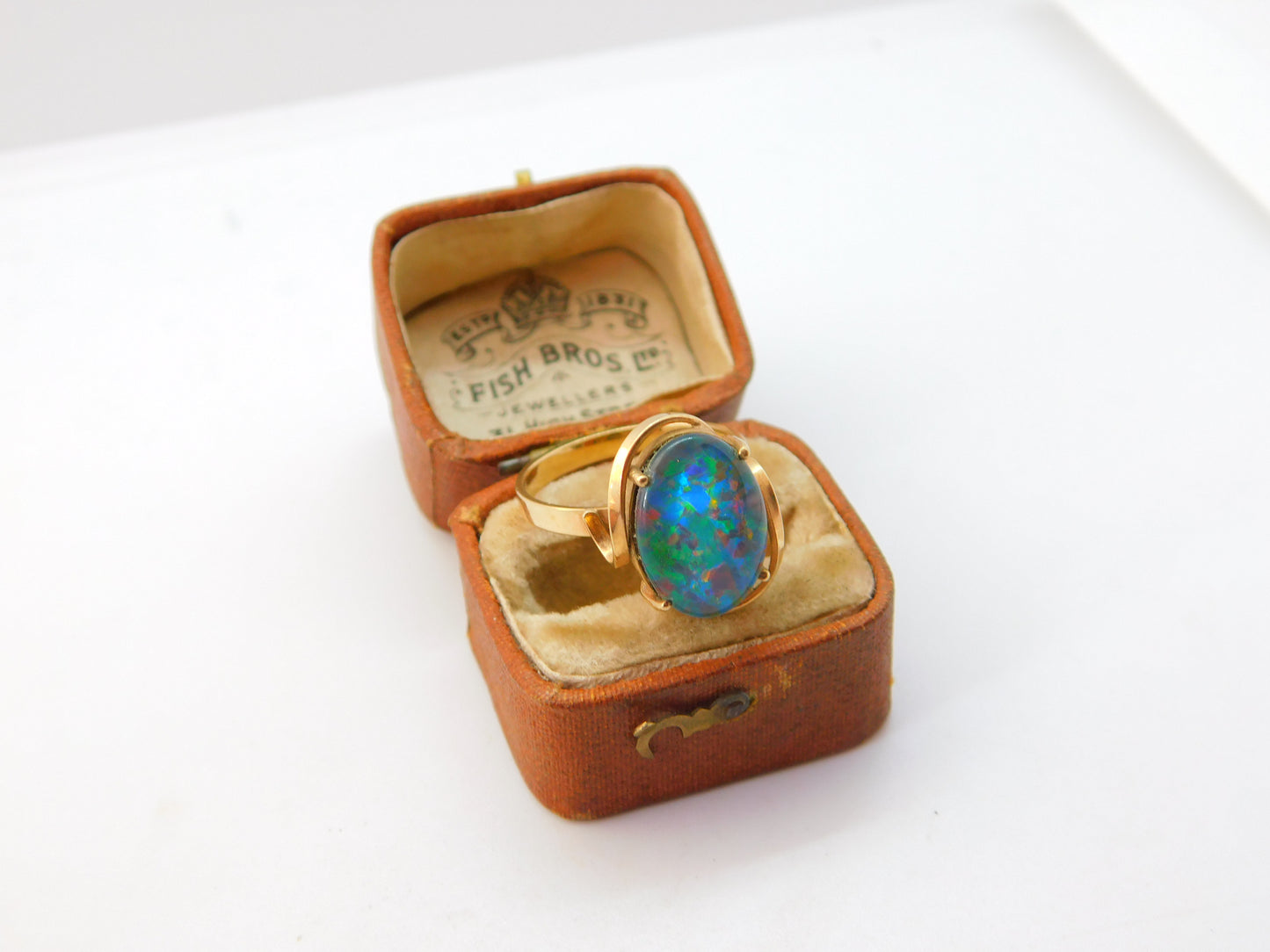 9ct Yellow Gold Large Cabochon Doublet Opal Statement Ring c1940 Antique