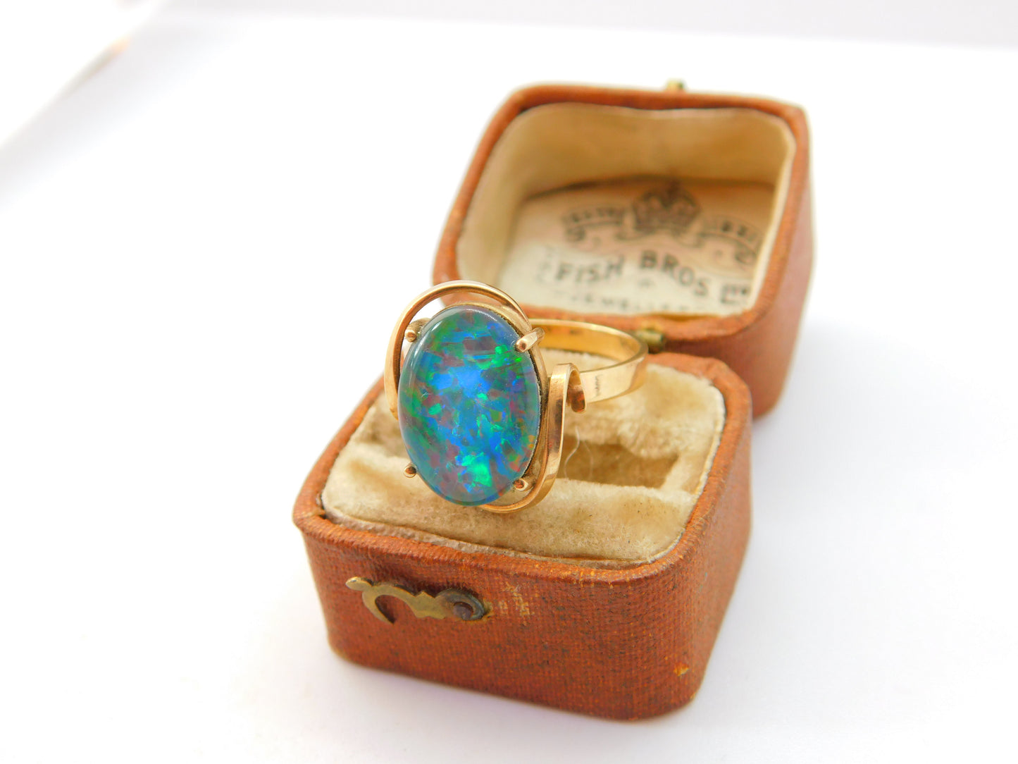 9ct Yellow Gold Large Cabochon Doublet Opal Statement Ring c1940 Antique