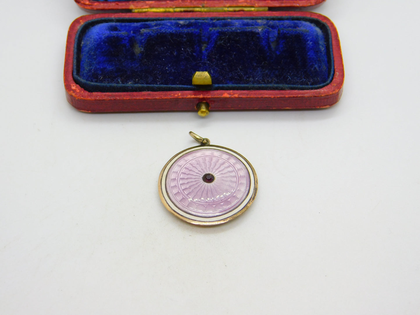 Sterling Silver & Pink Guilloche Enamel Disc Drop Pendant Antique c1920 Art Deco