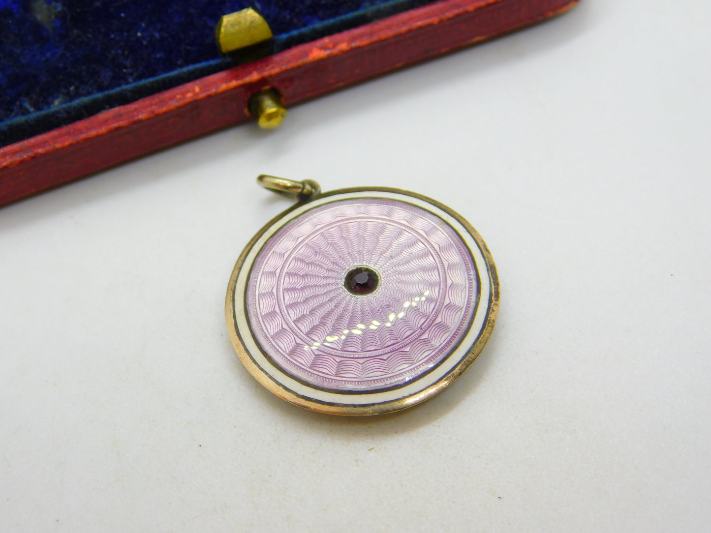 Sterling Silver & Pink Guilloche Enamel Disc Drop Pendant Antique c1920 Art Deco