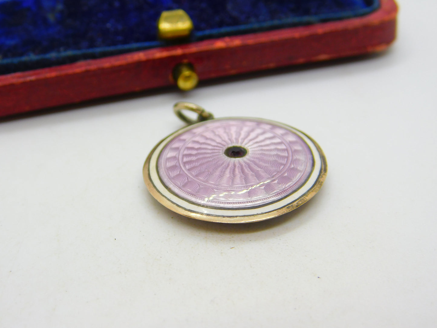 Sterling Silver & Pink Guilloche Enamel Disc Drop Pendant Antique c1920 Art Deco