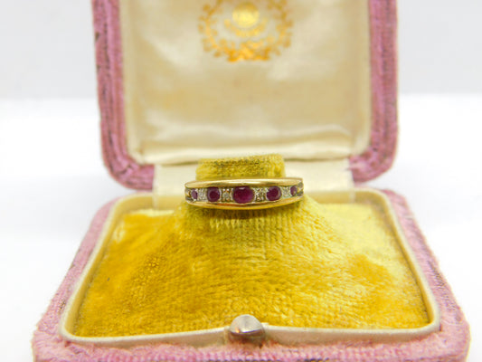 9ct Yellow Gold, Natural Ruby & Diamond Boat Ring Vintage c1970 London