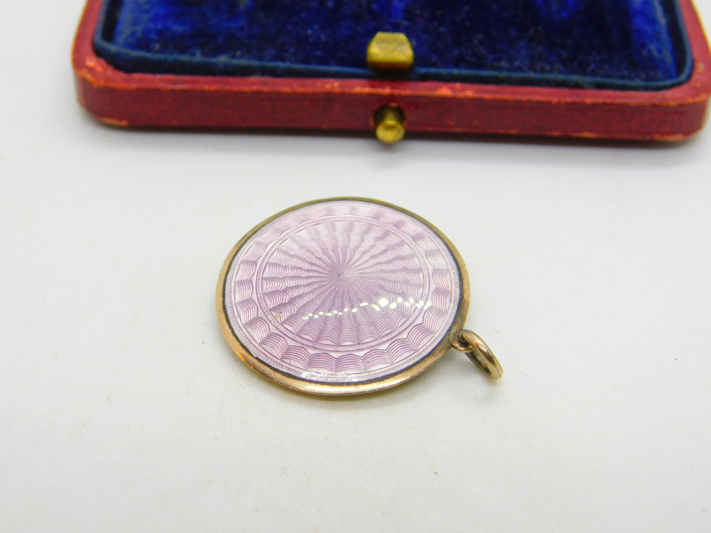 Sterling Silver & Pink Guilloche Enamel Disc Drop Pendant Antique c1920 Art Deco