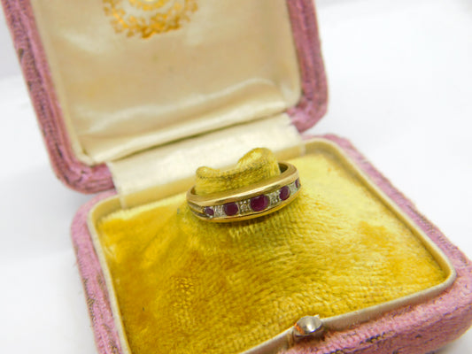 9ct Yellow Gold, Natural Ruby & Diamond Boat Ring Vintage c1970 London