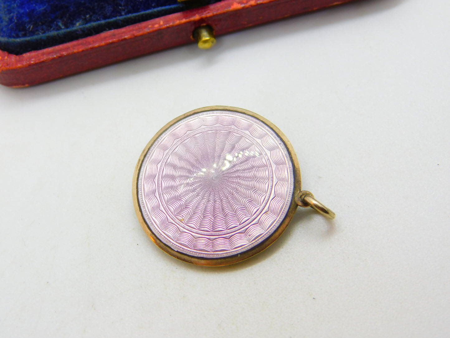 Sterling Silver & Pink Guilloche Enamel Disc Drop Pendant Antique c1920 Art Deco