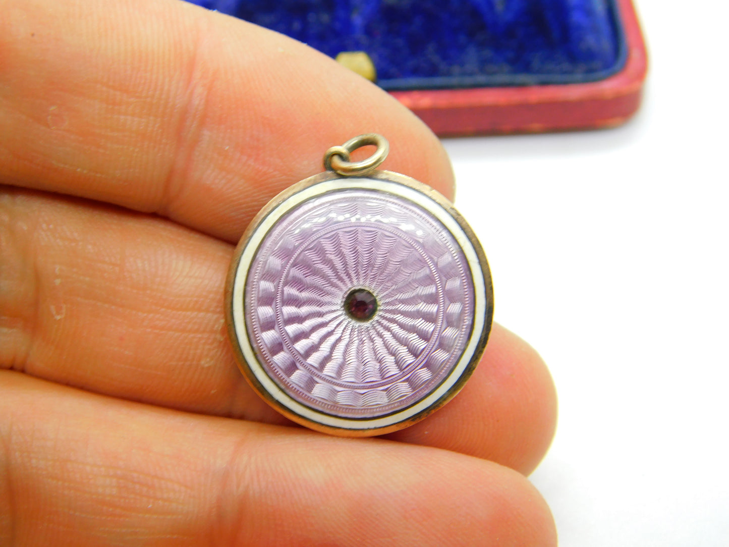 Sterling Silver & Pink Guilloche Enamel Disc Drop Pendant Antique c1920 Art Deco