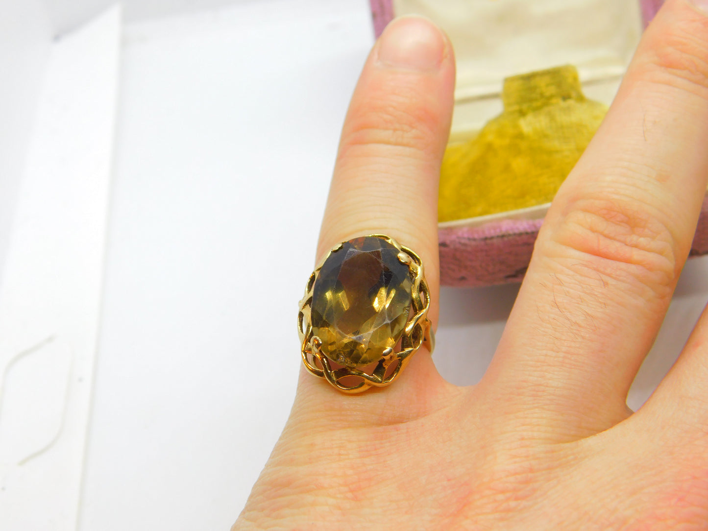 9ct Yellow Gold & Smoky Quartz Statement Ring Vintage c1980 London