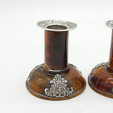 Victorian Sterling Silver Mounted Flame Mahogany Pair of Candlesticks Antique 1891 London
