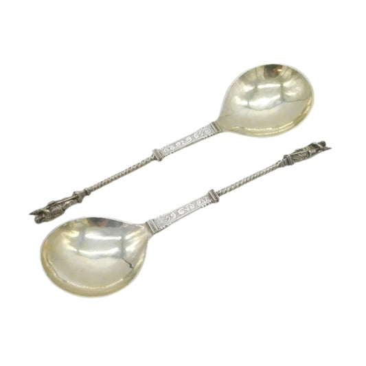 19th Century Hanau .800 Silver Pair of Apostle Serving Spoons Antique c1880
