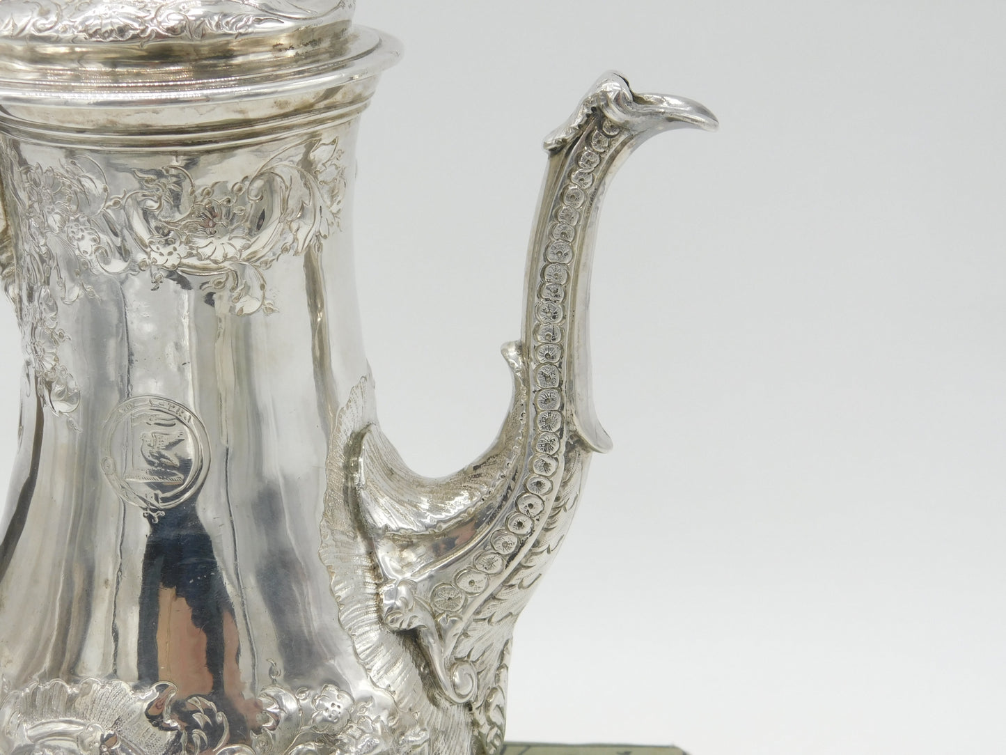 Large Georgian Sterling Silver Floral Embossed Coffee Pot 1772 London William & James Priest