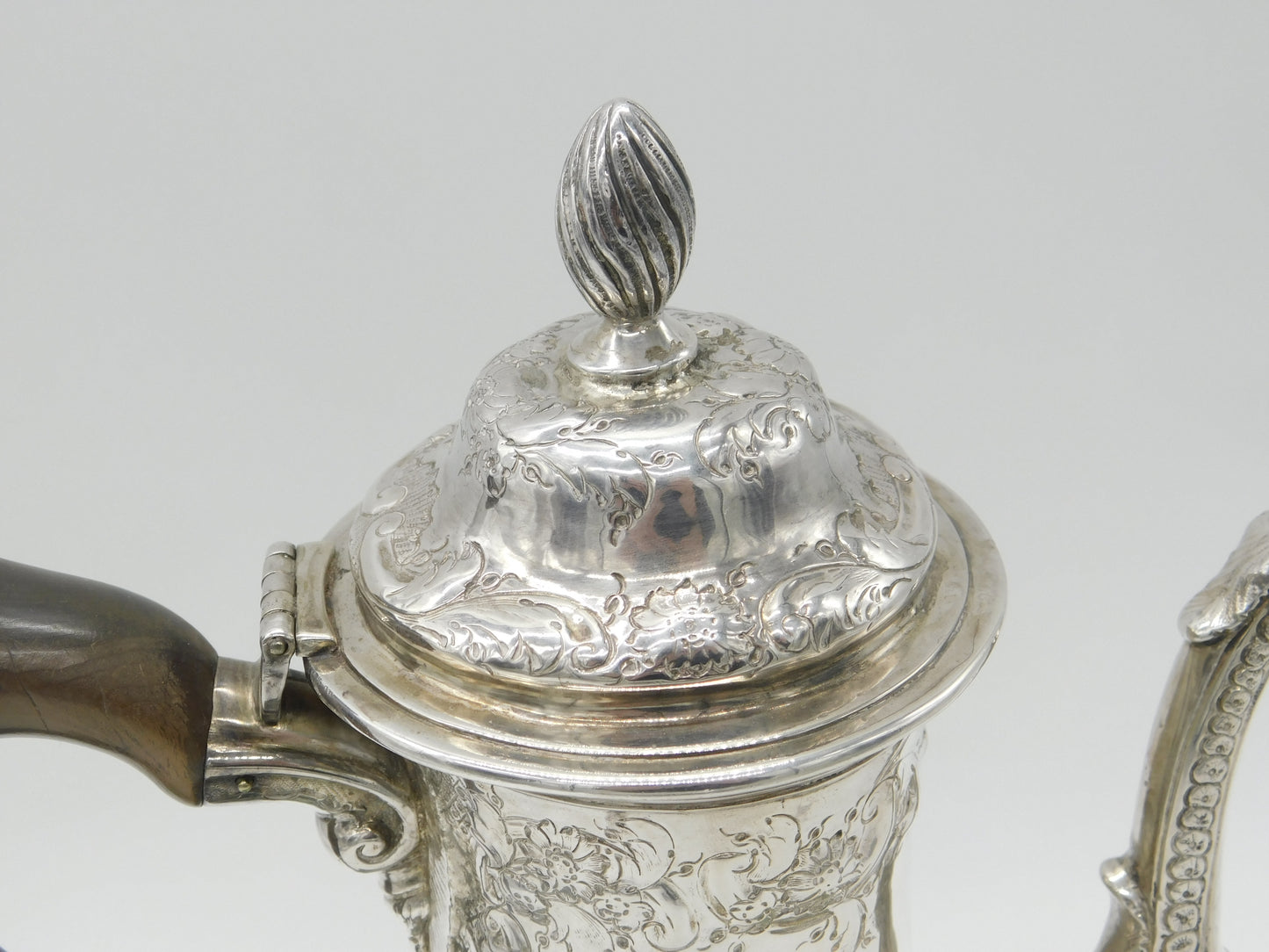 Large Georgian Sterling Silver Floral Embossed Coffee Pot 1772 London William & James Priest