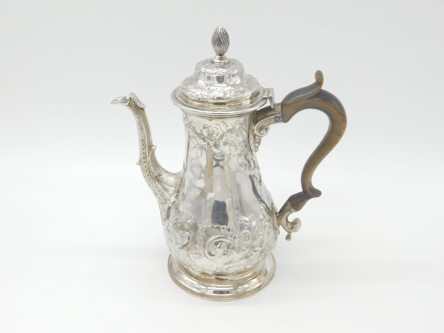 Large Georgian Sterling Silver Floral Embossed Coffee Pot 1772 London William & James Priest