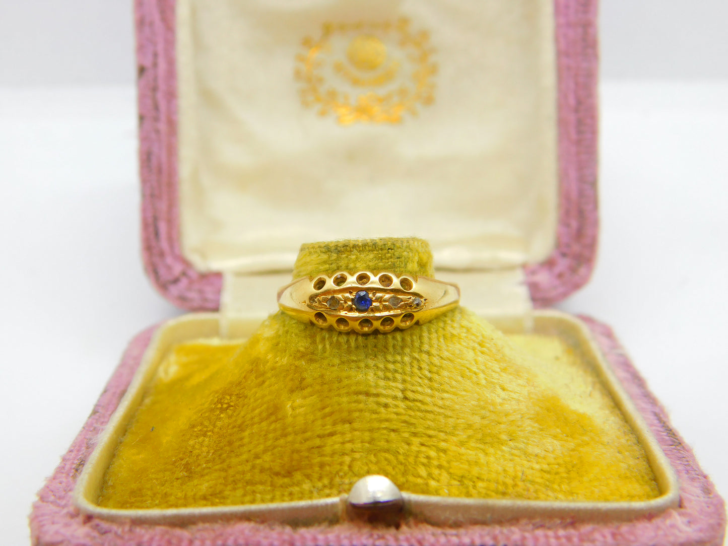 Victorian 18ct Yellow Gold, Sapphire & Diamond Boat Ring 1893 Birmingham