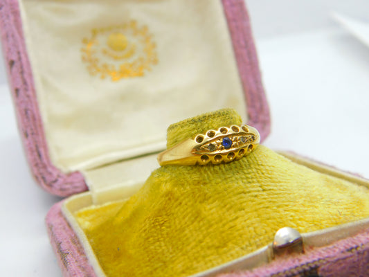 Victorian 18ct Yellow Gold, Sapphire & Diamond Boat Ring 1893 Birmingham