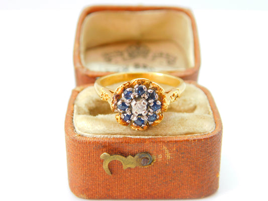 18ct Yellow Gold, Sapphire & Diamond Floral Dress Ring Antique c1920 Art Deco