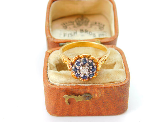 18ct Yellow Gold, Sapphire & Diamond Floral Dress Ring Antique c1920 Art Deco