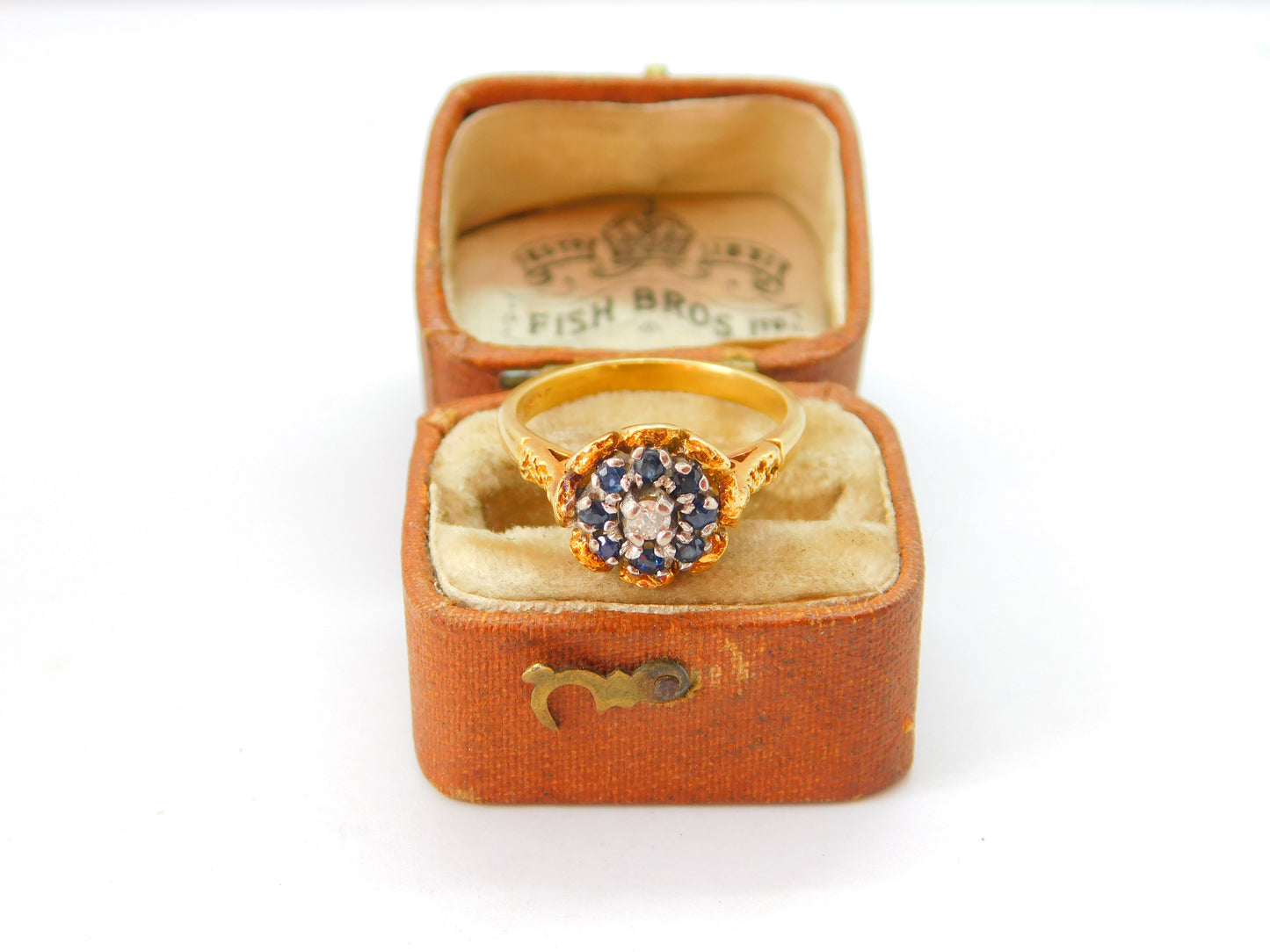 18ct Yellow Gold, Sapphire & Diamond Floral Dress Ring Antique c1920 Art Deco