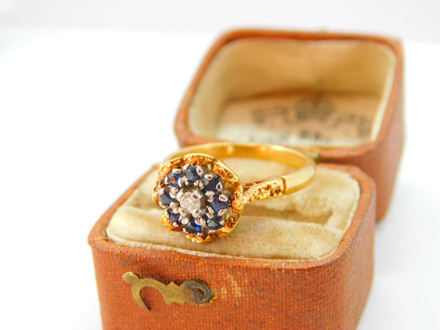 18ct Yellow Gold, Sapphire & Diamond Floral Dress Ring Antique c1920 Art Deco