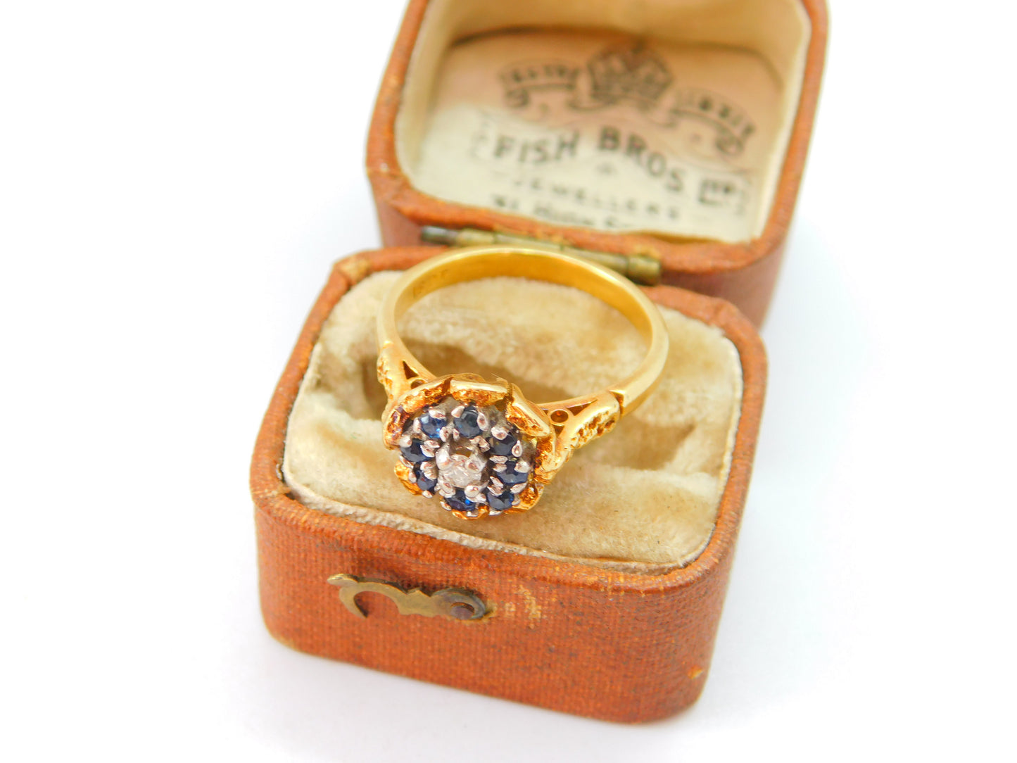 18ct Yellow Gold, Sapphire & Diamond Floral Dress Ring Antique c1920 Art Deco