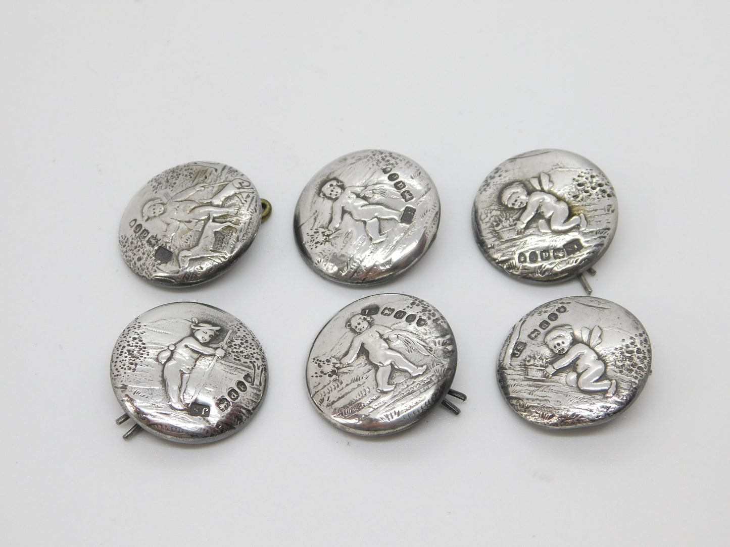 Victorian Set of Sterling Silver Cherub Classical Buttons 1899 London Antique