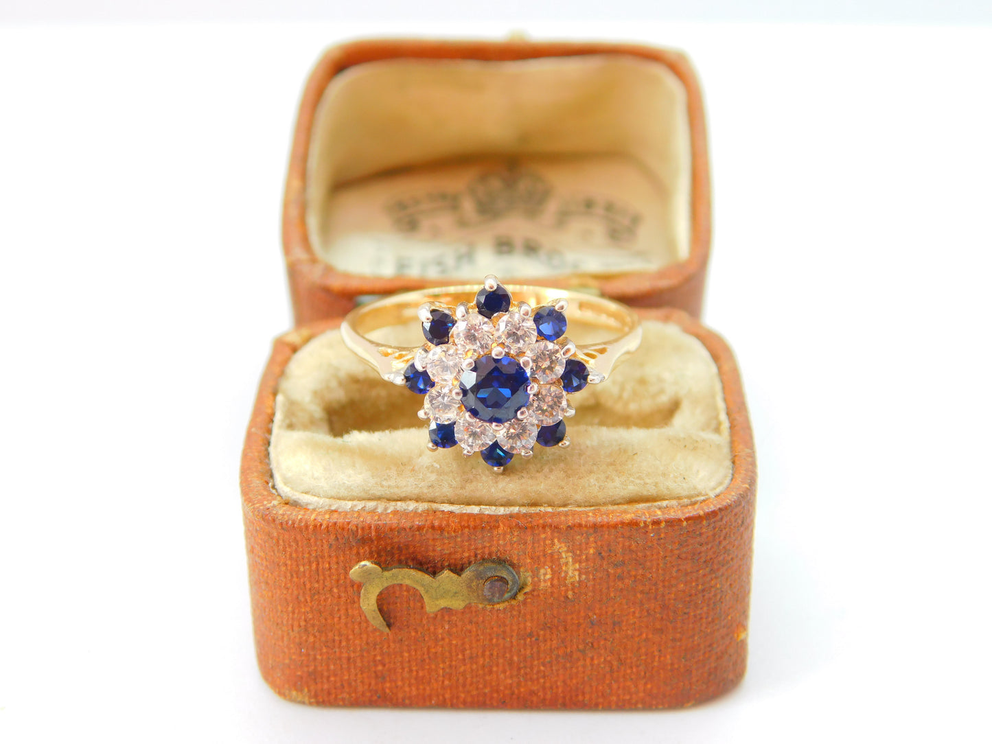 14ct Yellow Gold, Spinel & CZ Floral Cluster Ring Vintage c1990 Birmingham