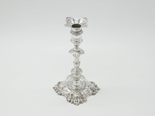 George II Sterling Silver Cast Candlestick Quatrefoil Base Antique 1750 London by William Gould