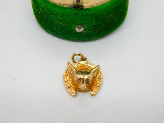 9ct Yellow Gold, Fox Mask & Horseshoe Charm Pendant Vintage c1970