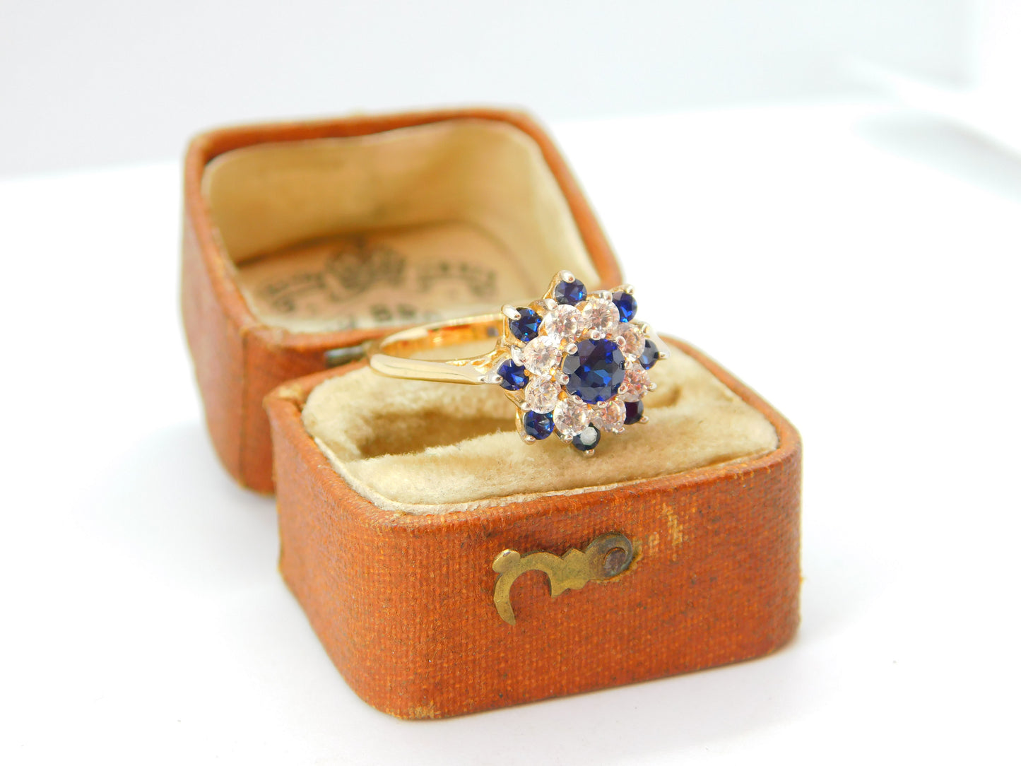 14ct Yellow Gold, Spinel & CZ Floral Cluster Ring Vintage c1990 Birmingham