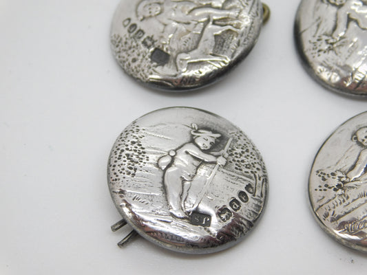 Victorian Set of Sterling Silver Cherub Classical Buttons 1899 London Antique