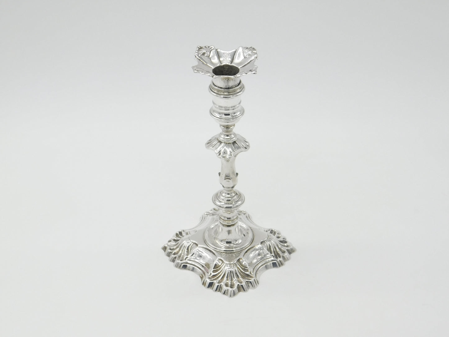 George II Sterling Silver Cast Candlestick Quatrefoil Base Antique 1750 London by William Gould