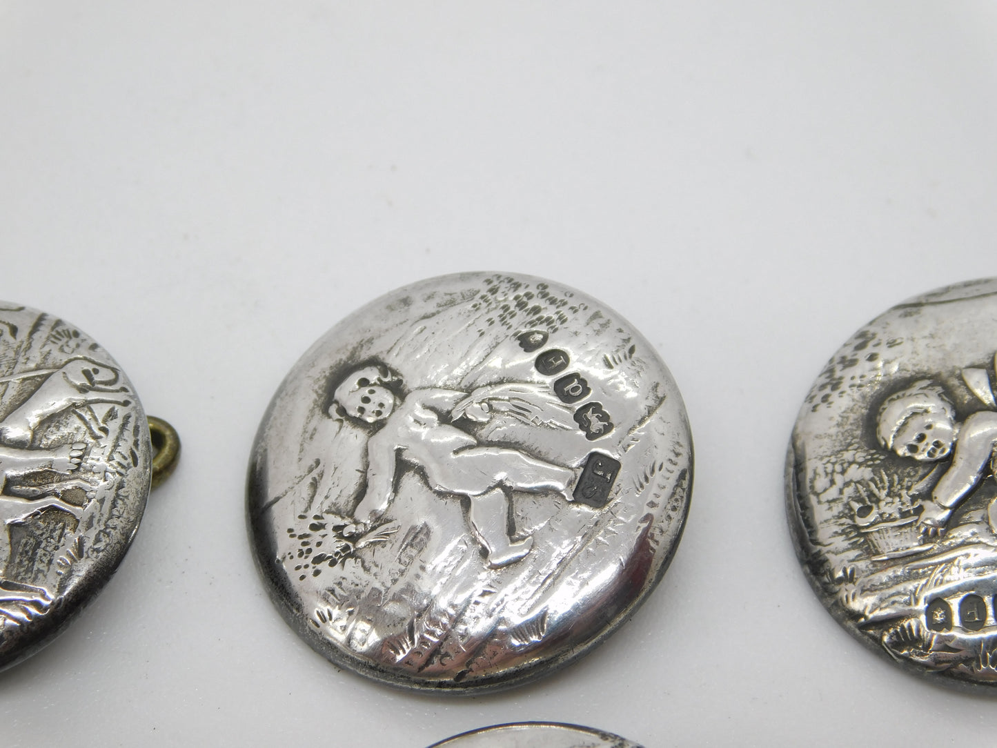 Victorian Set of Sterling Silver Cherub Classical Buttons 1899 London Antique