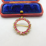 9ct Yellow Gold Ruby & Diamond Wreath Brooch Vintage 1988 Birmingham