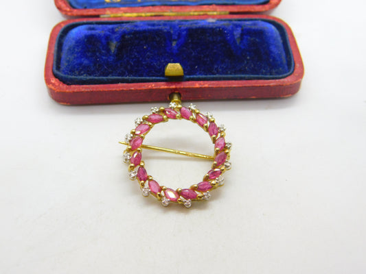 9ct Yellow Gold Ruby & Diamond Wreath Brooch Vintage 1988 Birmingham