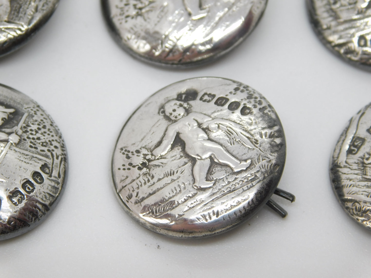 Victorian Set of Sterling Silver Cherub Classical Buttons 1899 London Antique