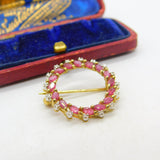 9ct Yellow Gold Ruby & Diamond Wreath Brooch Vintage 1988 Birmingham