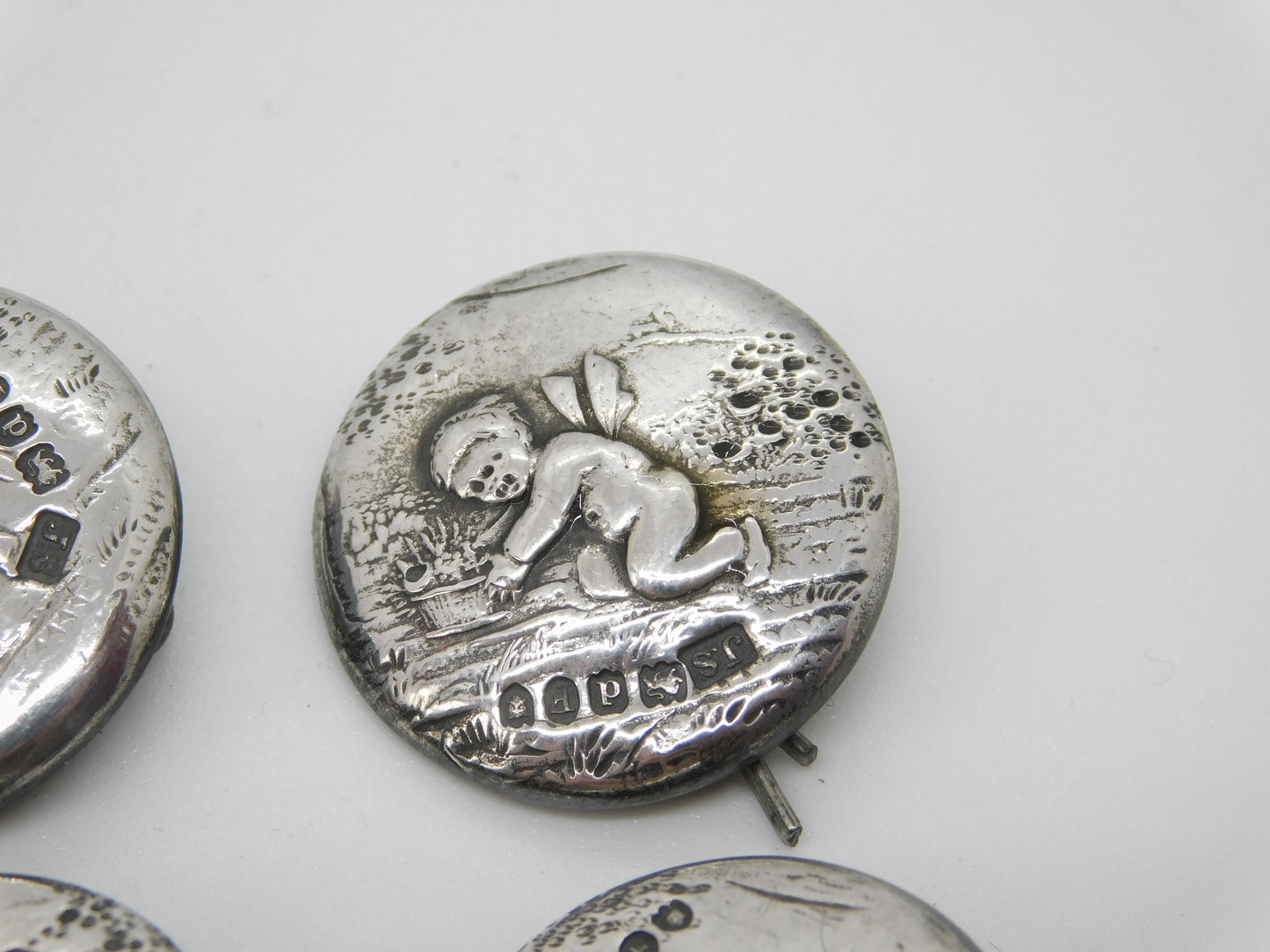 Victorian Set of Sterling Silver Cherub Classical Buttons 1899 London Antique