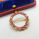 9ct Yellow Gold Ruby & Diamond Wreath Brooch Vintage 1988 Birmingham