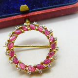 9ct Yellow Gold Ruby & Diamond Wreath Brooch Vintage 1988 Birmingham