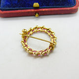 9ct Yellow Gold Ruby & Diamond Wreath Brooch Vintage 1988 Birmingham