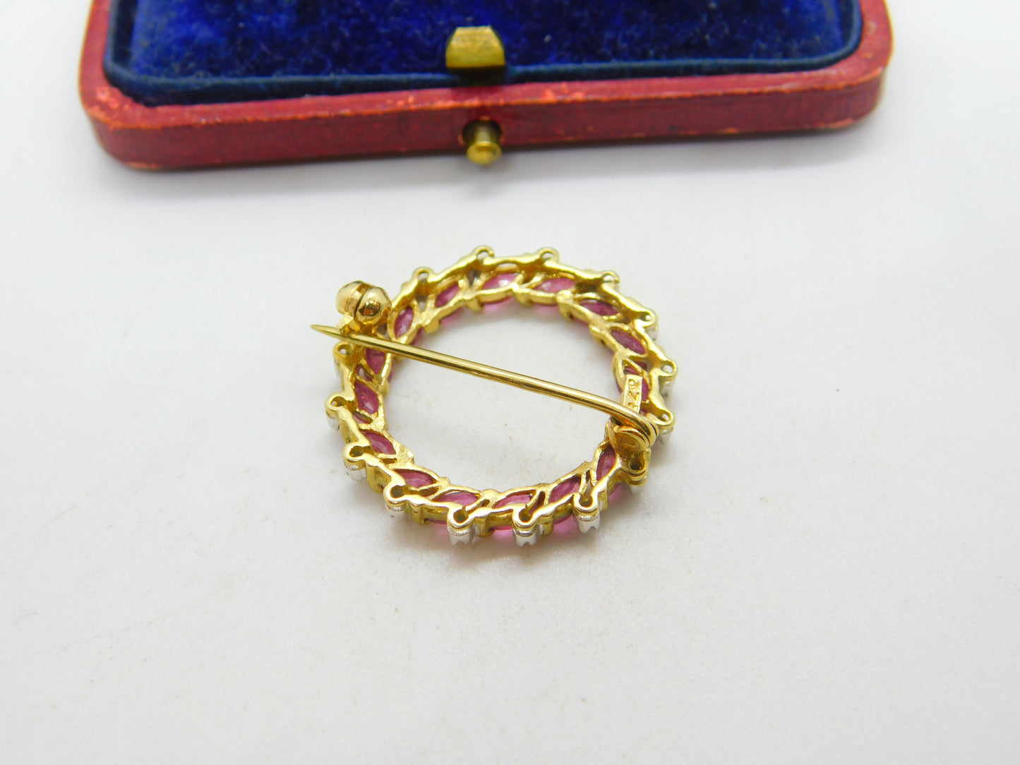 9ct Yellow Gold Ruby & Diamond Wreath Brooch Vintage 1988 Birmingham