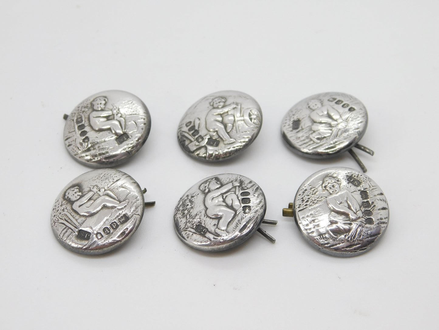 Victorian Set of Sterling Silver Cherub Classical Dress Buttons 1899 Antique