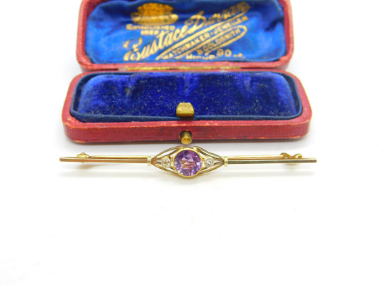 Edwardian 15ct Gold, Amethyst & Diamond Bar Brooch Antique c1910