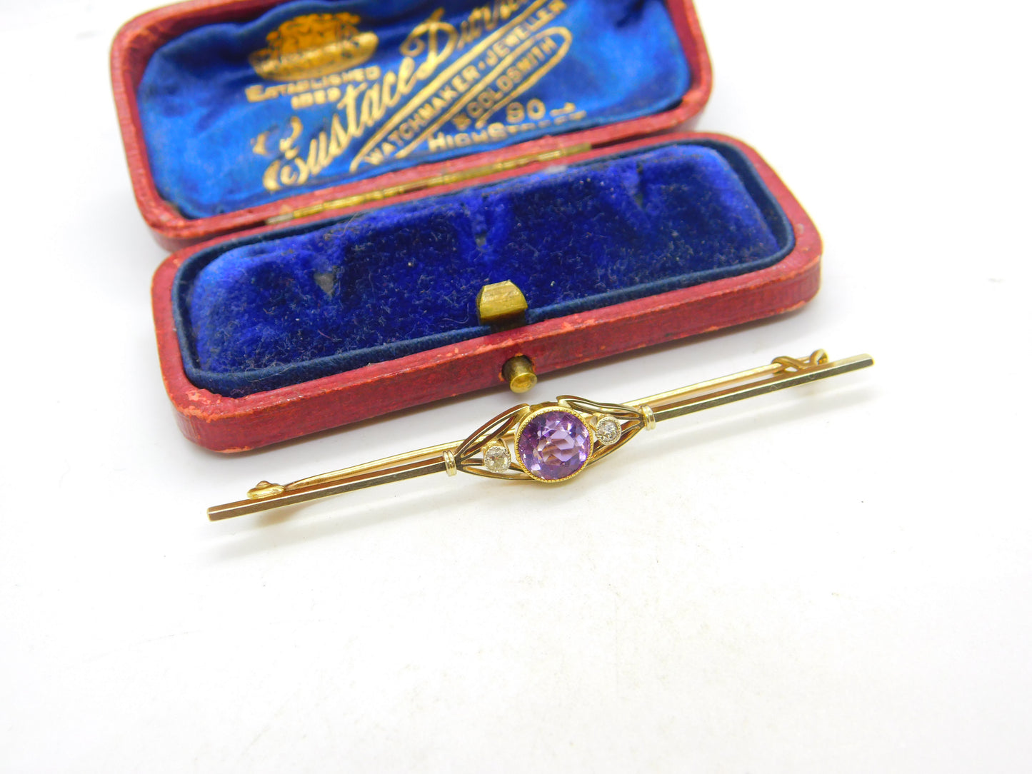 Edwardian 15ct Gold, Amethyst & Diamond Bar Brooch Antique c1910