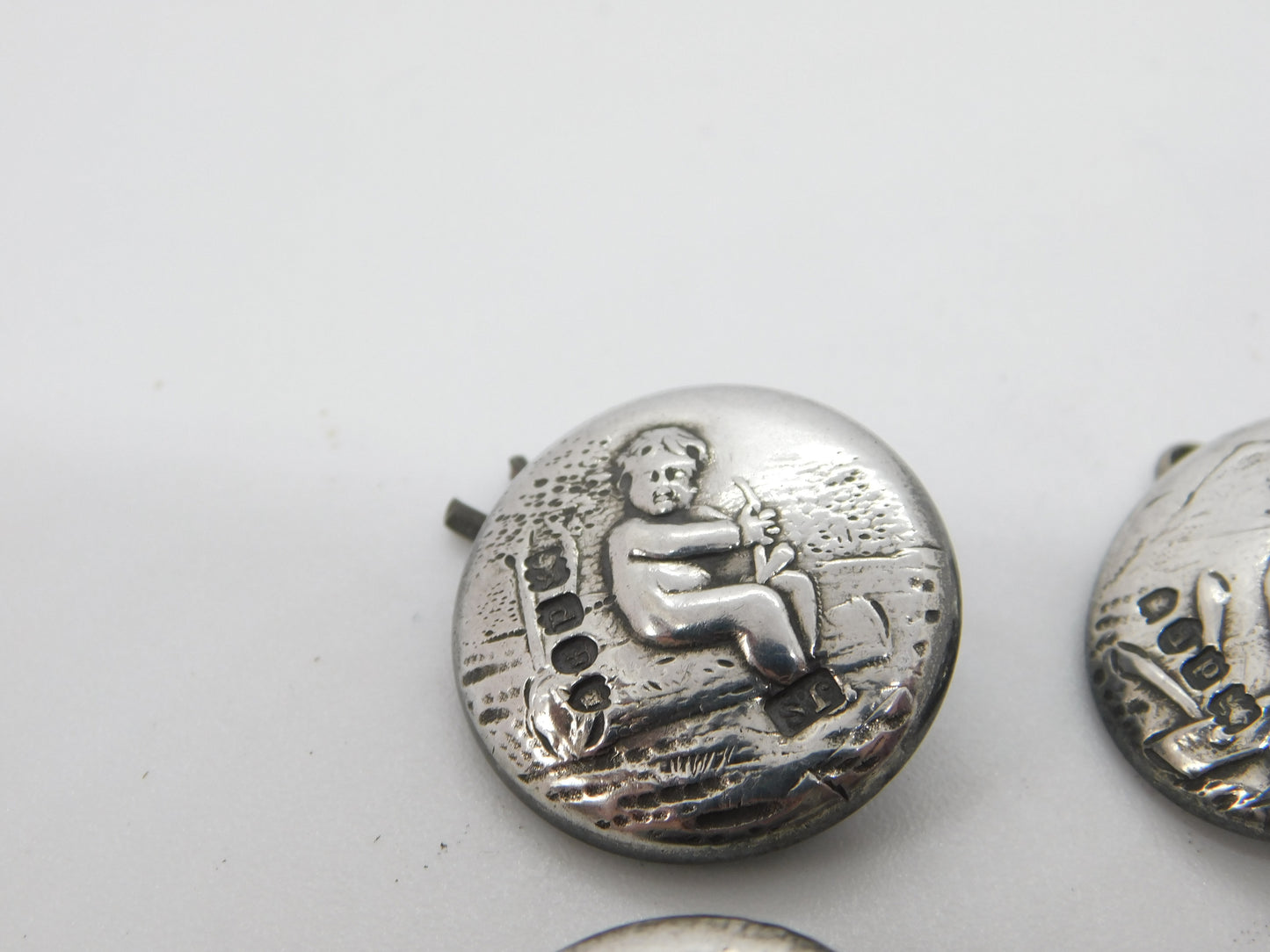 Victorian Set of Sterling Silver Cherub Classical Dress Buttons 1899 Antique