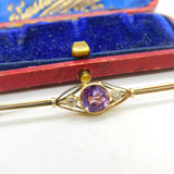 Edwardian 15ct Gold, Amethyst & Diamond Bar Brooch Antique c1910