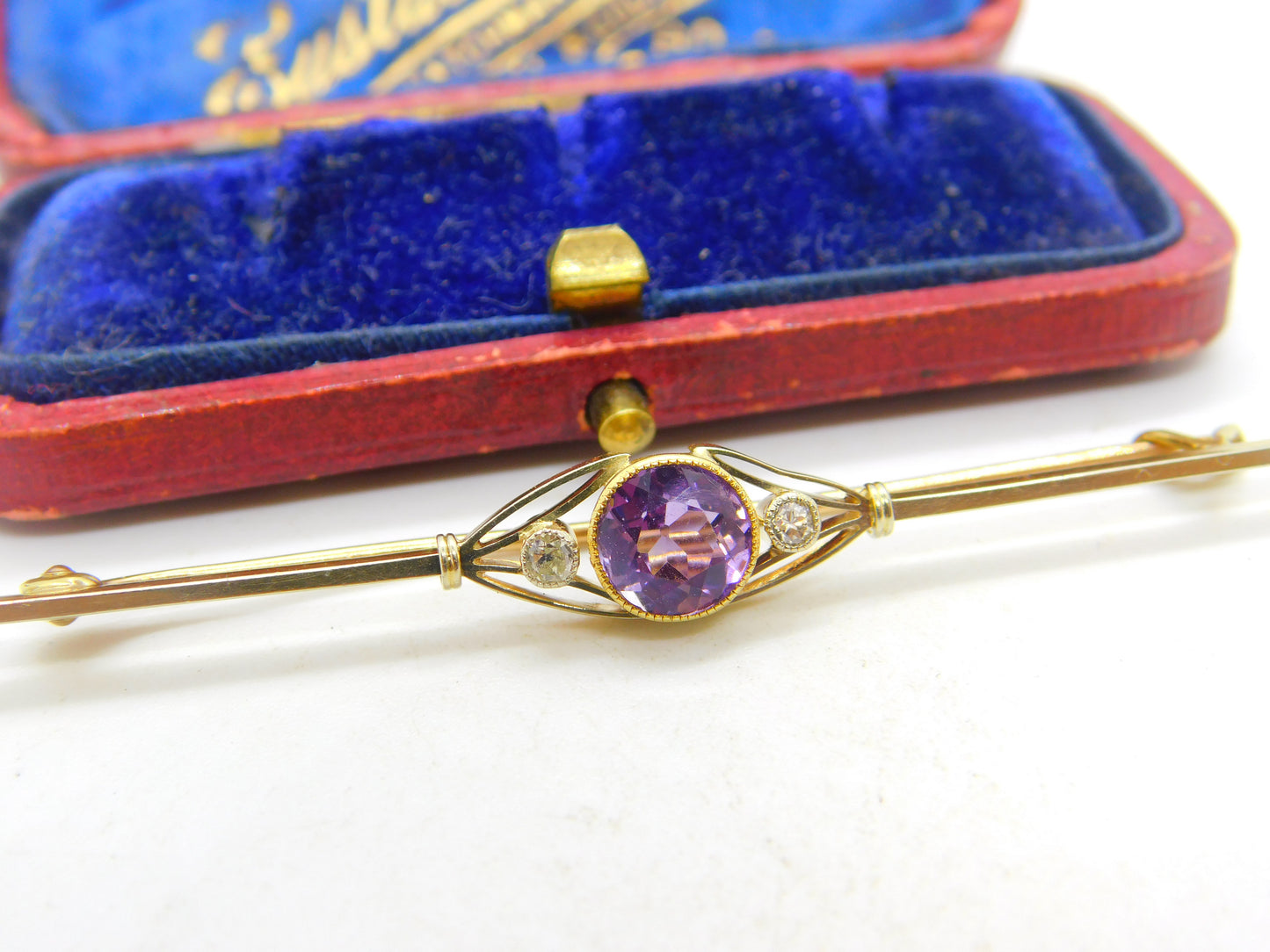 Edwardian 15ct Gold, Amethyst & Diamond Bar Brooch Antique c1910