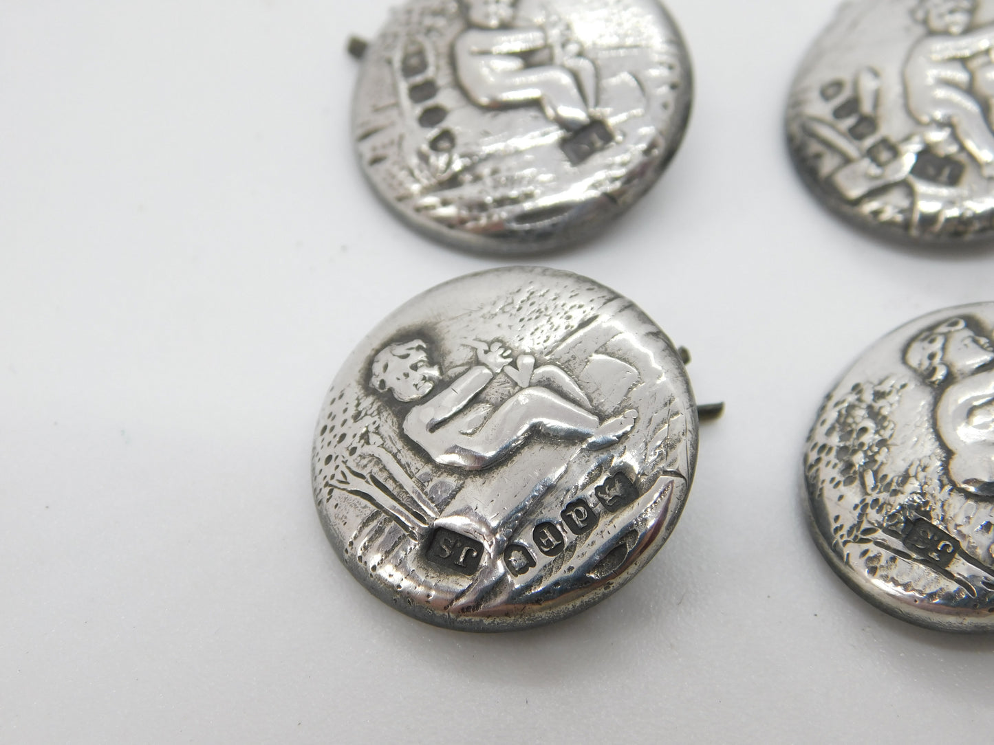 Victorian Set of Sterling Silver Cherub Classical Dress Buttons 1899 Antique