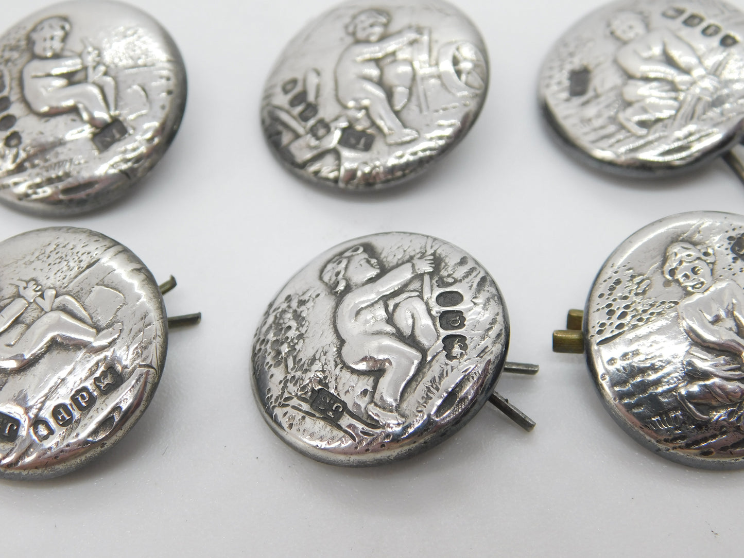 Victorian Set of Sterling Silver Cherub Classical Dress Buttons 1899 Antique